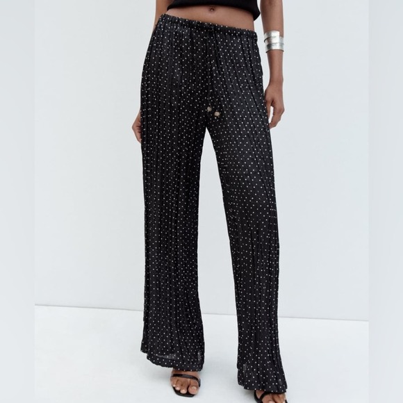 ZARA DOTTED WRINKLE EFFECT WIDE LEG PANTS - Picture 1 of 8